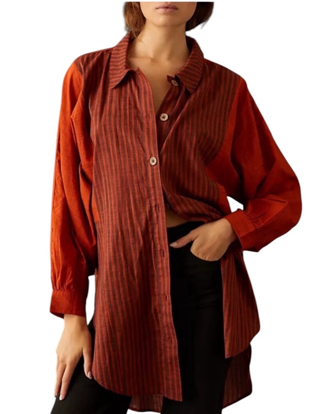 Anthropologie Gauze Collared Button Tunic Top Rust Orange Stripes XSP